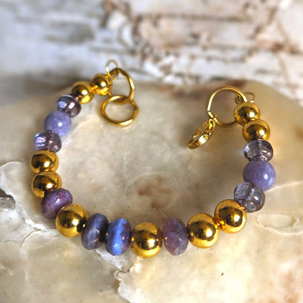 Lavender Glass Beads & Gold Beads In Asymmetrical Bracelet